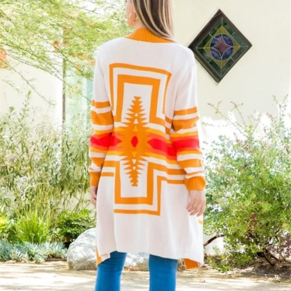 Boho Geo Print open front long sleeve cardigan - Picture 2 of 6